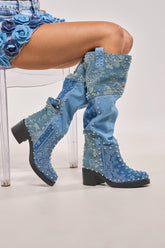 AZALEA WANG LUVIENNE DENIM PATCHWORK STUDDED BLOCK BOOT
