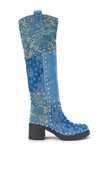 AZALEA WANG LUVIENNE DENIM PATCHWORK STUDDED BLOCK BOOT