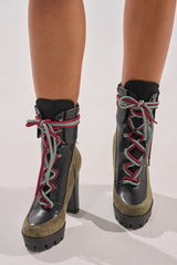 AKIRA GOLD MUFFLER GREENMULTI BLOCK HEEL BOOTIE