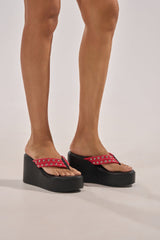 AZALEA WANG NOVELLE BLACK AND RED STUD EMBELLISHED PLATFORM SANDAL