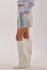 TIED AND LACED DENIM SHORTS