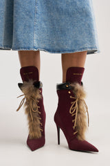 AKIRA GOLD NYMERA BURGUNDY STILETTO BOOTIE WITH FUR