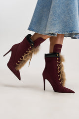 AKIRA GOLD NYMERA BURGUNDY STILETTO BOOTIE WITH FUR