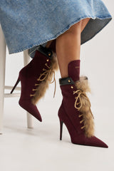 AKIRA GOLD NYMERA BURGUNDY STILETTO BOOTIE WITH FUR