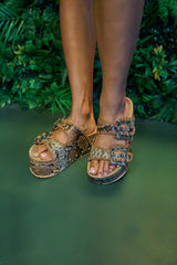 AZALEA WANG OHKAY SNAKE FLATFORM STUD EMBELLISHED SLIP ON SANDAL