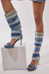 AKIRA GOLD ONREPEAT DENIM EMBELLISHED PLATFORM STILETTO SANDAL BOOT
