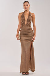 SERPENTI PLUNGE MAXI DRESS IN METALLIC BROWN