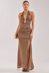 SERPENTI PLUNGE MAXI DRESS IN METALLIC BROWN