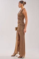SERPENTI PLUNGE MAXI DRESS IN METALLIC BROWN