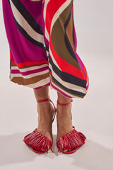 AZALEA WANG PHRIXOS RED WEDGE FRINGE PU SANDAL