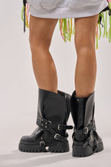 AZALEA WANG POWERLINE BLACK HARDWARE EMBELLISHED COMBAT BOOTIE