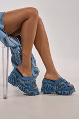 AKIRA GOLD RAMESHA DENIM FRINGE PLATFORM SANDAL