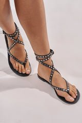AZALEA WANG RASMUS BLACK SILVER STUD EMBELLISHED FLAT STRAP SANDAL