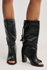 AKIRA GOLD REMIX BLACK OPEN TOE BLOCK BOOTIE