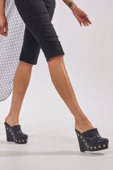 AZALEA WANG RIALA BLACK PU SILVER STUDDED WEDGE CLOG SANDAL