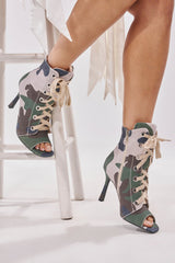 AZALEA WANG ROOFTOP CAMO OPEN TOE LACE UP BOOTIE