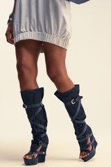 AZALEA WANG ROTHKID BLACK DENIM KNEE HIGH OPEN TOE BOOT