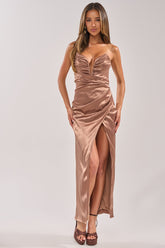 HAVING A BALL SATIN MAXI DRESS IN BROWN