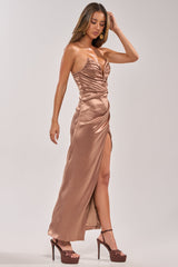 HAVING A BALL SATIN MAXI DRESS IN BROWN