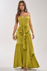 RESERVATIONS PLEASE PLEATED MAXI DRESS IN CHARTREUSE