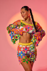 FLORAL FIELDS CROCHET OFF THE SHOULDER SWEATER