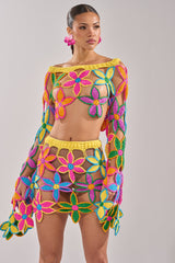 FLORAL FIELDS CROCHET OFF THE SHOULDER SWEATER