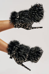 AZALEA WANG SERIOUS BLACK AND WHITE LEOPARD WITH FUR OPEN TOE STILETTO BOOTIE