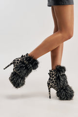AZALEA WANG SERIOUS BLACK AND WHITE LEOPARD WITH FUR OPEN TOE STILETTO BOOTIE