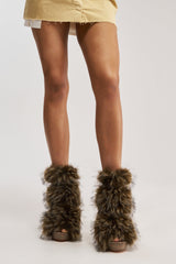 AZALEA WANG SERIOUS BROWN PLAID WITH FUR OPEN TOE STILETTO BOOTIE