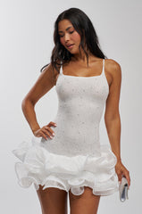 LATE NIGHT ENERGY RHINESTONE MINI DRESS IN WHITE