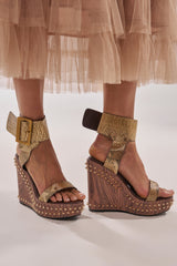 AKIRA GOLD SLOANE BROWN STUD AND SNAKE WEDGE SANDAL