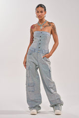TOO FLY RHINESTONE DENIM JUMPSUIT