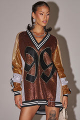 RYAN COLORBLOCK RHINESTONE JERSEY DRESS IN COCOA