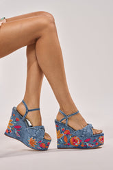 AZALEA WANG TIALA DENIM FLORAL EMBROIDERED STRAP WEDGE SANDAL