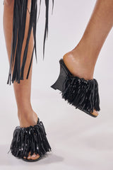 AZALEA WANG VAILYN BLACK FRINGE PU WEDGE SANDAL