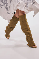 AZALEA WANG VINCENT OLIVE FAUX SUDED OPEN TOE WEDGE BOOT