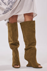AZALEA WANG VINCENT OLIVE FAUX SUDED OPEN TOE WEDGE BOOT