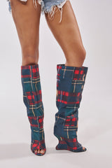 AZALEA WANG VINCENT PLAID PRINTED OPEN TOE BOOT
