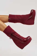 AKIRA GOLD WHATEVER BURGUNDY CANVAS WEDGE BOOTIE