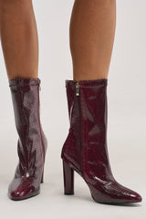 AZALEA WANG WINGROVE BURGUNDY CHUNKY HEEL CROCODILE BOOTIE