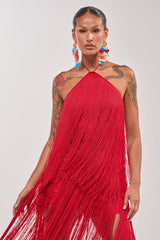 ON THE EDGE FRINGE HALTER TOP