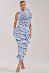 LUST FOR LIFE ASYMMETRICAL BROCADE MIDI DRESS IN BLUE