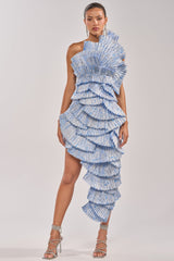 LUST FOR LIFE ASYMMETRICAL BROCADE MIDI DRESS IN BLUE