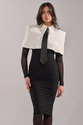 SHE MEANS BUSINESS TIE DETAIL MESH MIDI DRESS