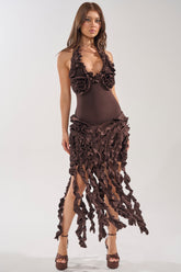 STANDING OVATION FLOCKED MAXI DRESS IN CHOCOLATE