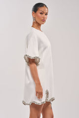COOL GIRL EMBELLISHED TEE SHIRT DRESS IN WHITE