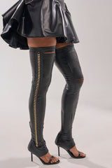 AZALEA WANG ZARIE BLACK THIGH HIGH STRETCH PU GOLD EMBELLISHED STILETTO BOOT