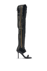 AZALEA WANG ZARIE BLACK THIGH HIGH STRETCH PU GOLD EMBELLISHED STILETTO BOOT