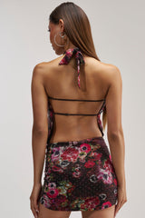 WAY WITH WORDS FLORAL RHINESTONE MINI DRESS IN BROWN