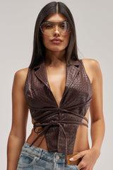 WOVEN LEATHER OPEN BACK VEST IN CHOCOLATE BROWN